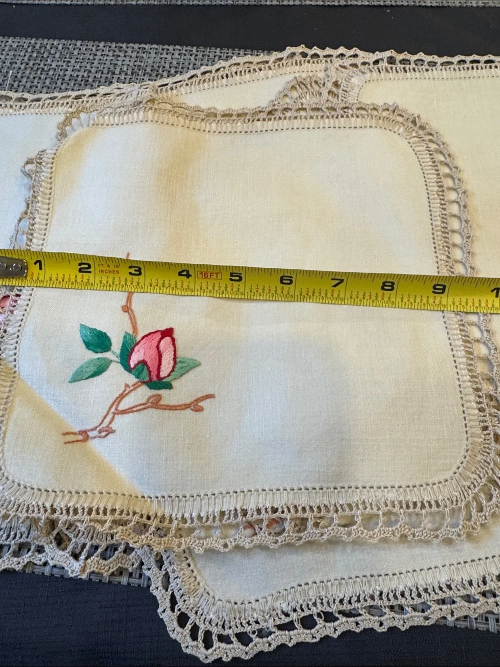 Vintage 10 Embroidered Rose Linen Doily - Pink and Green